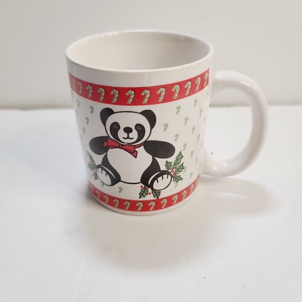 Vintage Kawaii Panda Bear Candy Cane Christmas Ceramic Coffee Mug